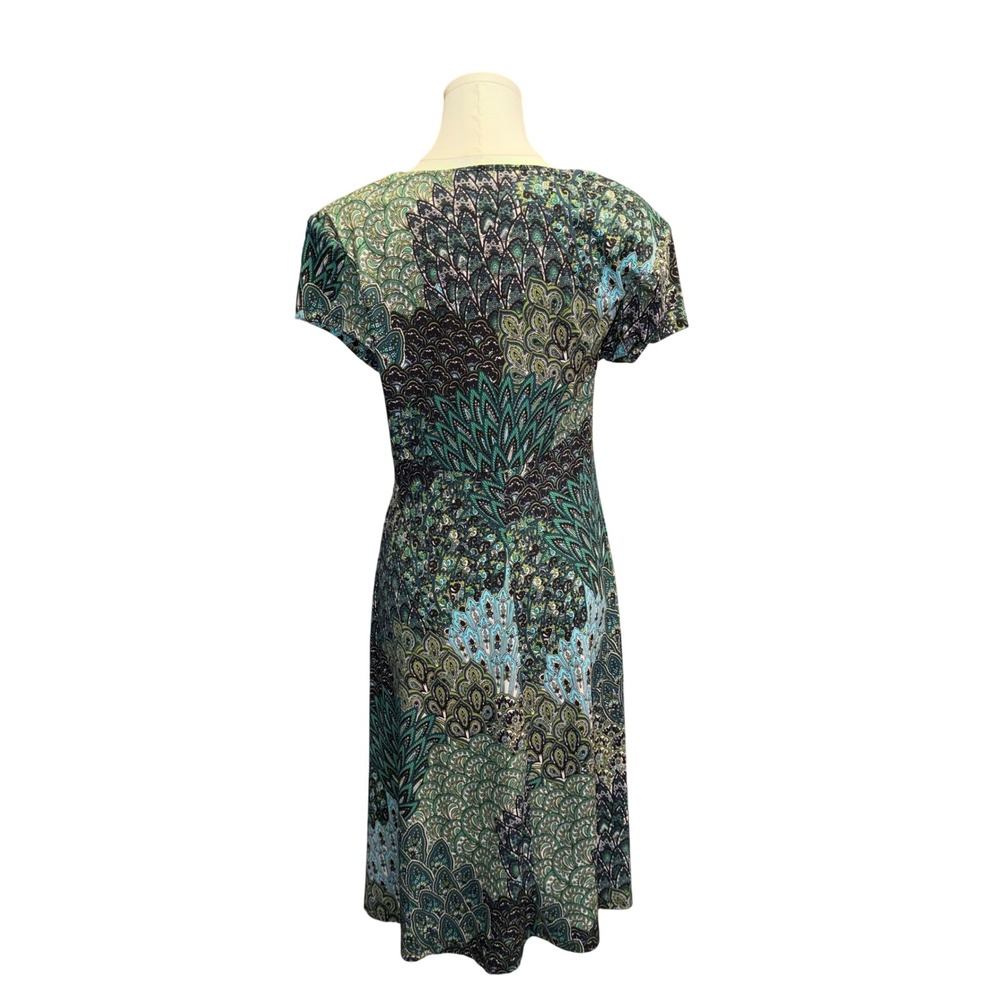 Connected Apparel Green Paisley Peacock Print V-Neck Twist Front Dress Size 10 - Picture 3 of 8